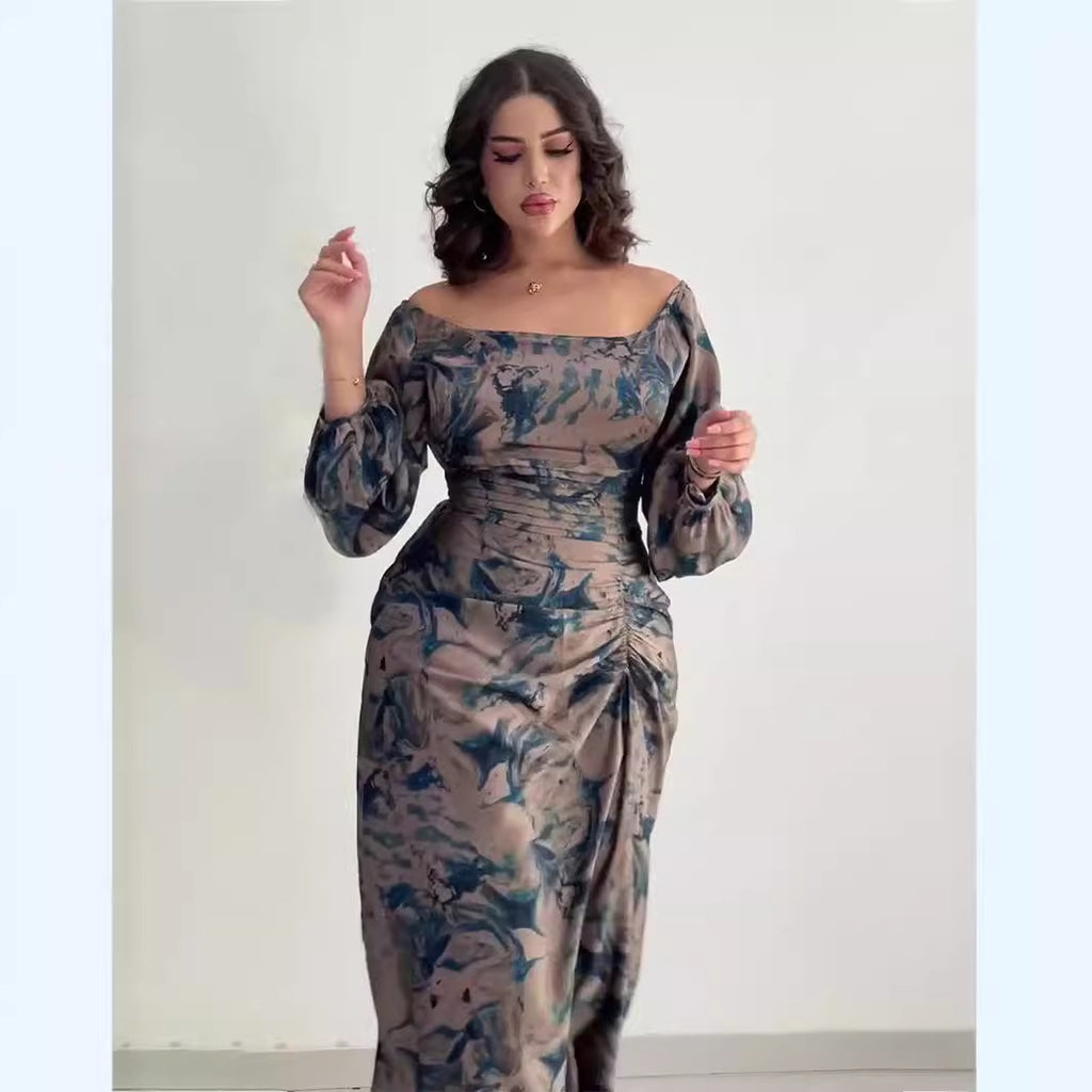 Women's U-Neck Print Dress with Drawstring Detail