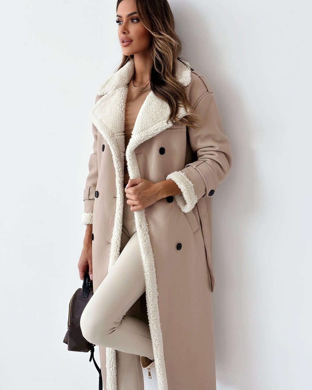 Women’s Winter Belted Double-Breasted Trench Coat – Mid-Length Lapel Windbreaker