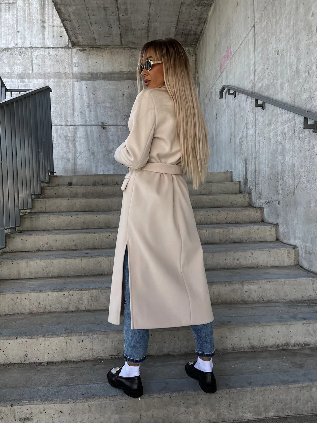 Women's Double-Breasted Belted Winter Coat - Lapel Split Jacket