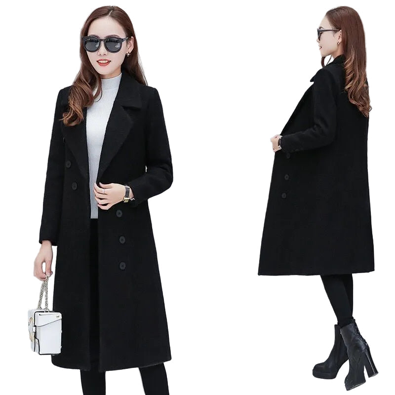 Women's Mid-Length Minimalist Woolen Coat - Long Sleeve