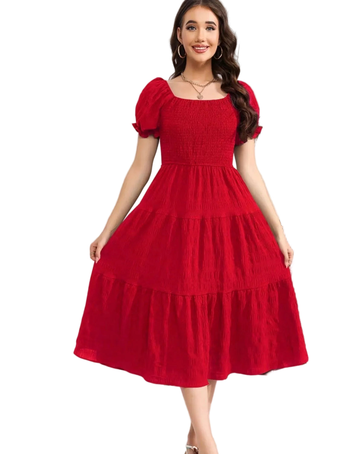 Scarlet Grace | Elegant Smocked Puff Sleeve Midi Dress