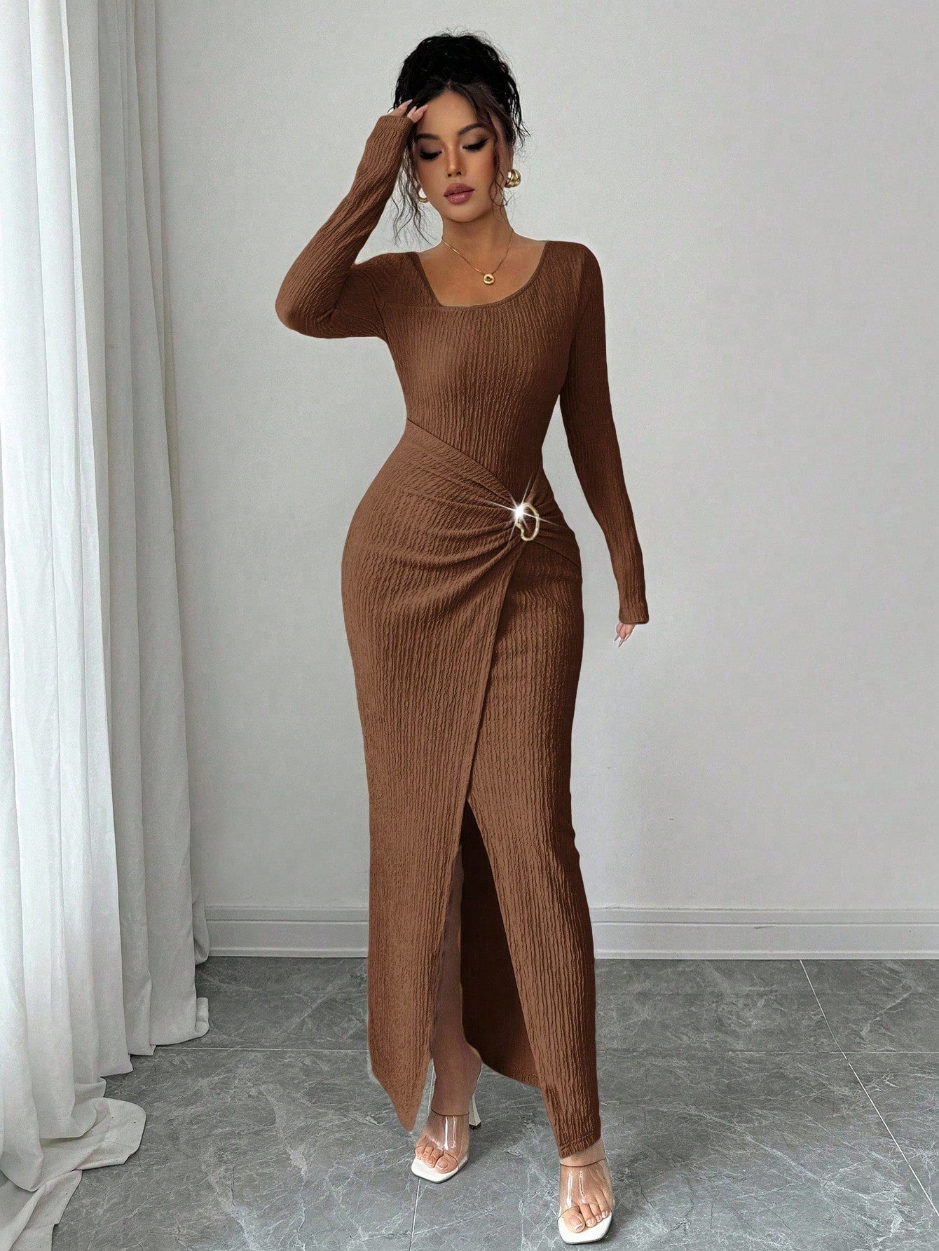 Autumn And Winter Irregular Neckline Solid Color Knitted Texture Long Dress For Women