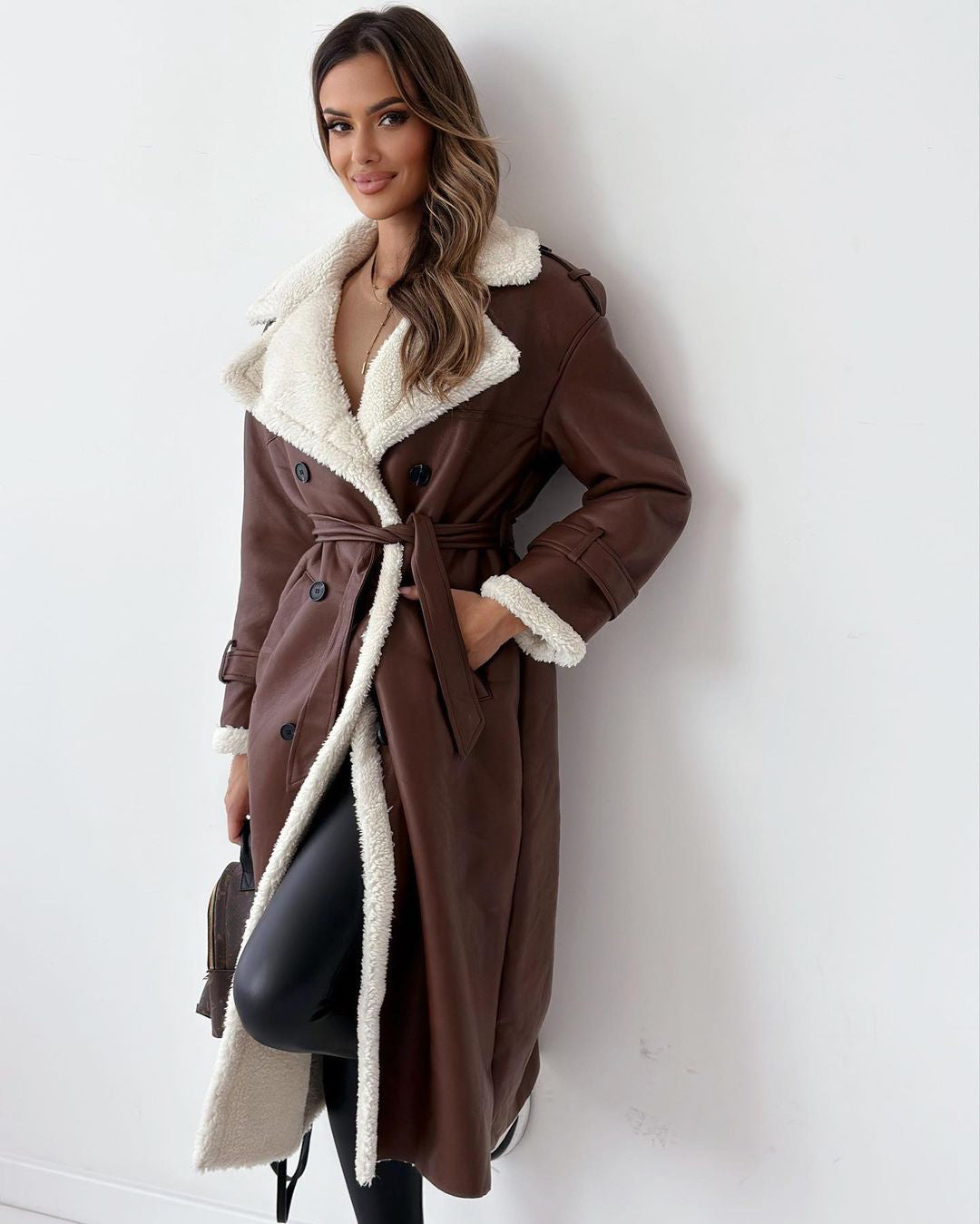 Women’s Winter Belted Double-Breasted Trench Coat – Mid-Length Lapel Windbreaker