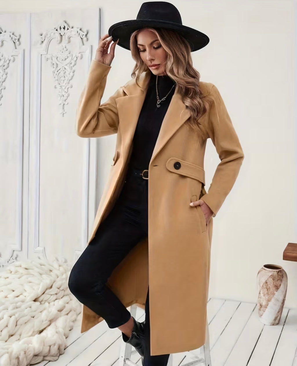 Women’s Minimal Tweed Coat – Mid-Length Belted Autumn/Winter Jacket