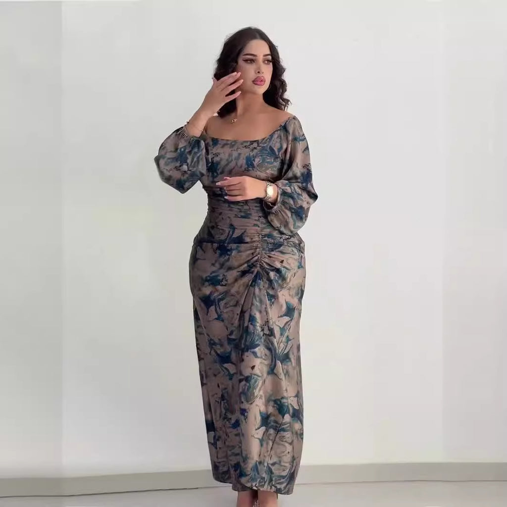 Women's U-Neck Print Dress with Drawstring Detail