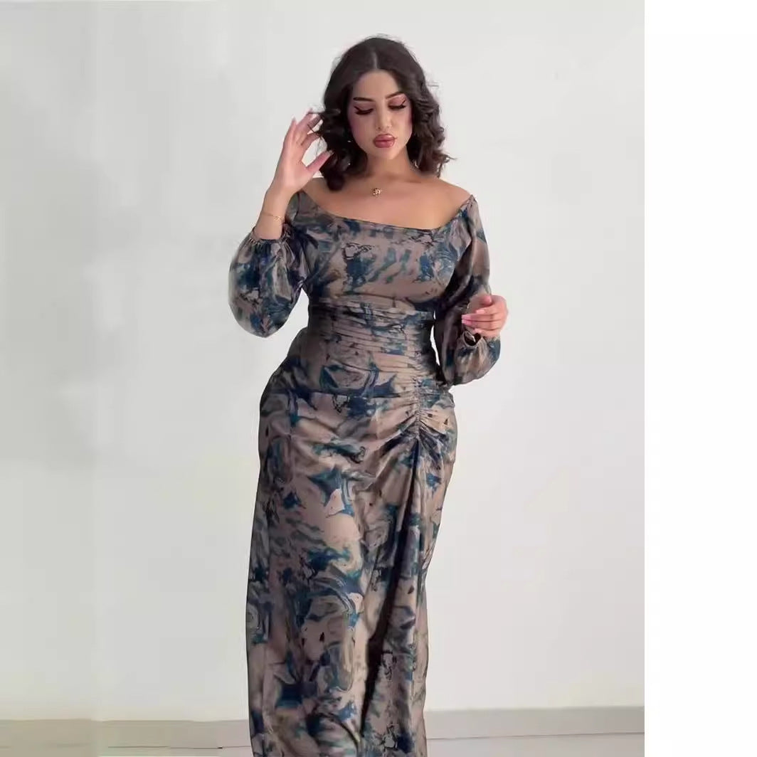 Women's U-Neck Print Dress with Drawstring Detail