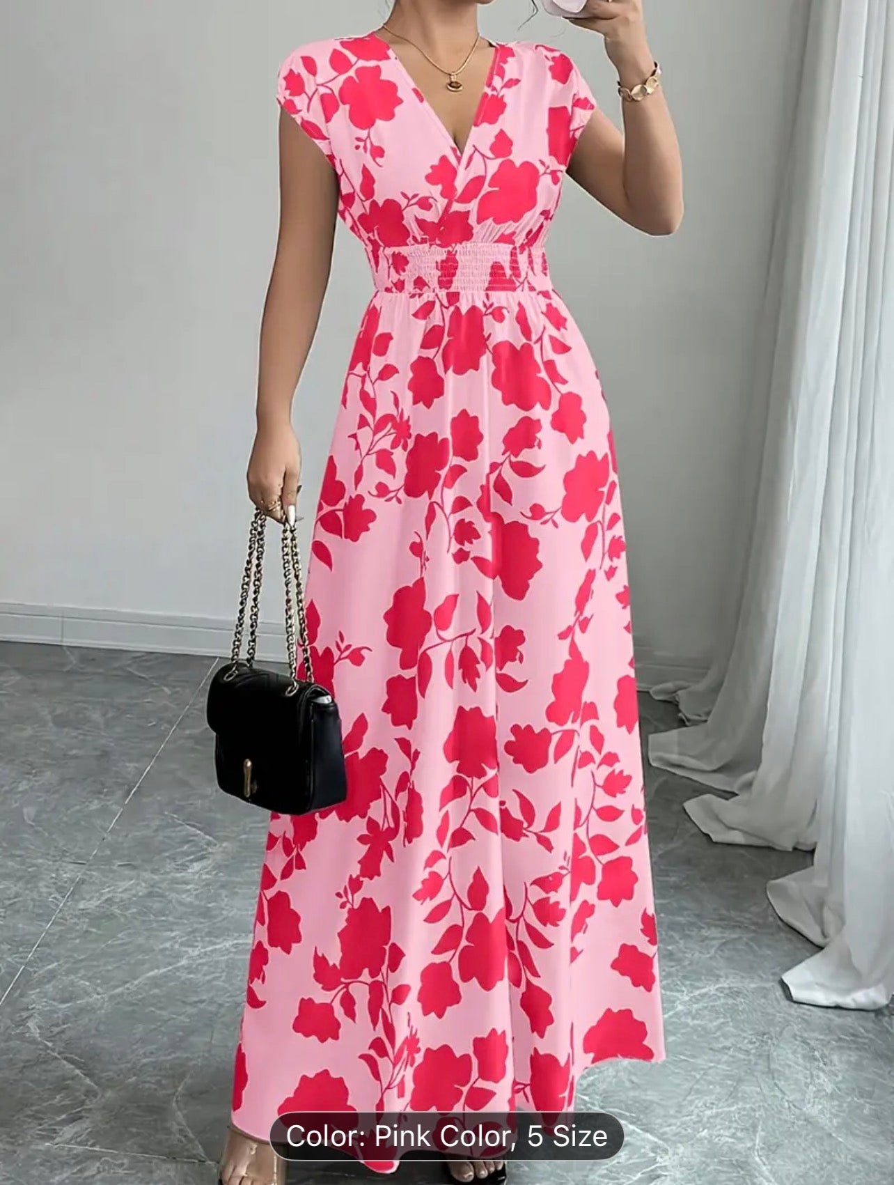 Women’s Elegant Pink Floral V-Neck Maxi Dress