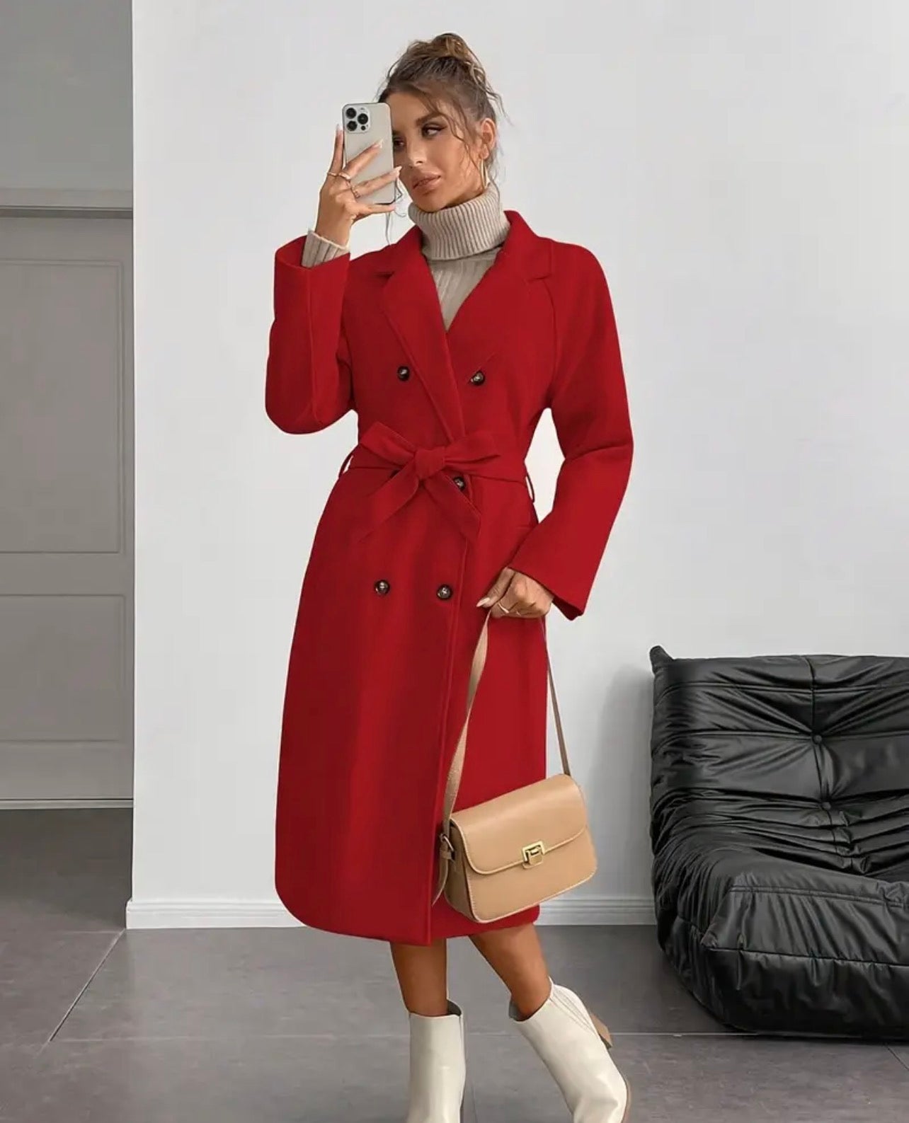 Elegant Long Tweed Coat with Belt & Asymmetrical Hem
