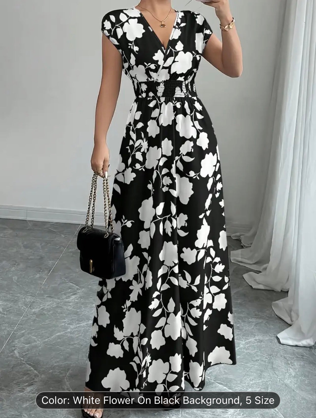 Women’s Elegant Pink Floral V-Neck Maxi Dress