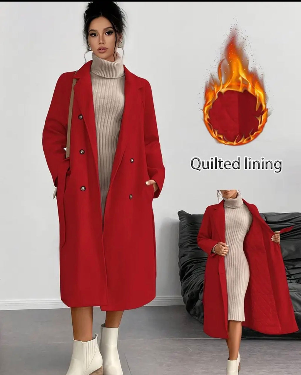 Elegant Long Tweed Coat with Belt & Asymmetrical Hem