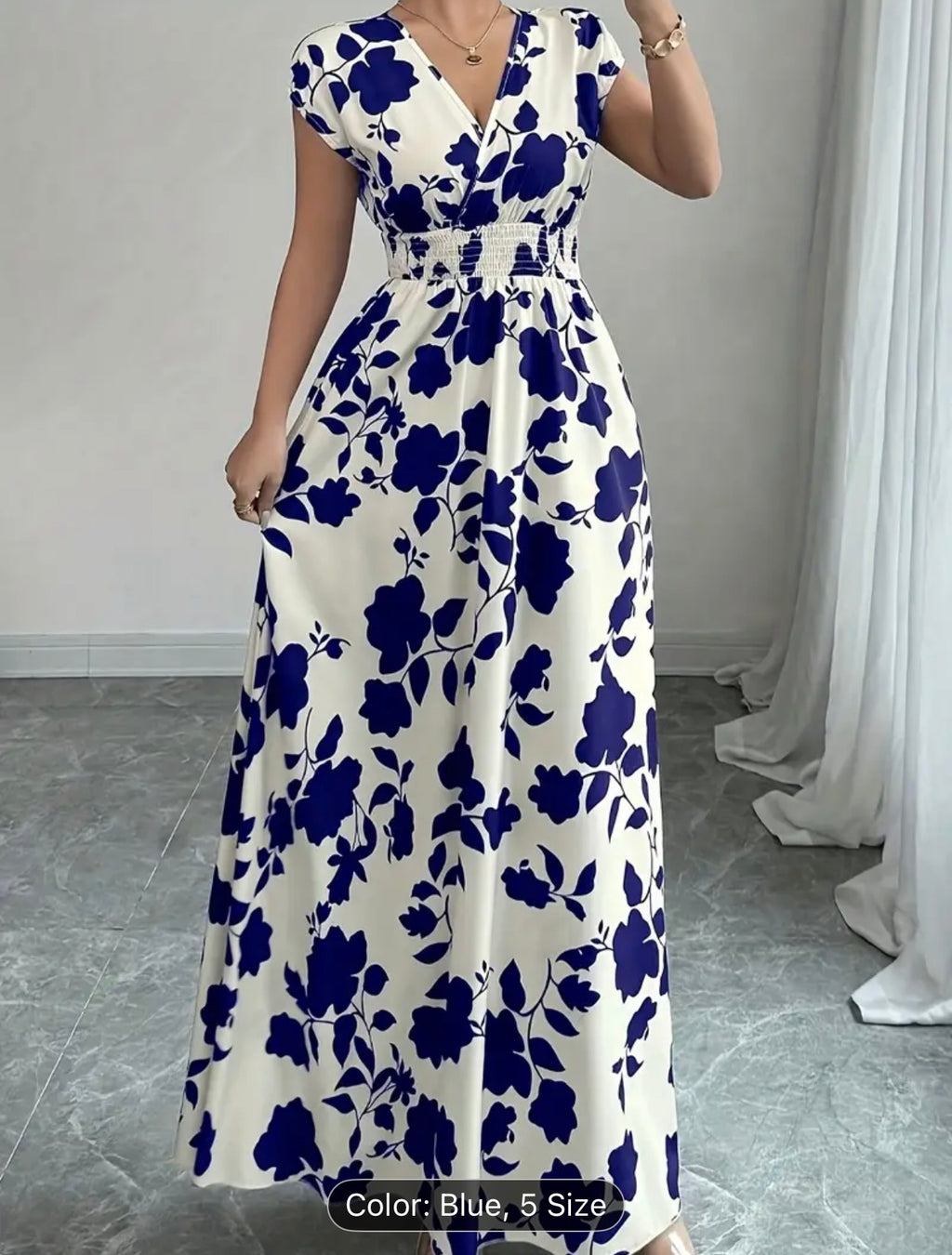 Women’s Elegant Pink Floral V-Neck Maxi Dress