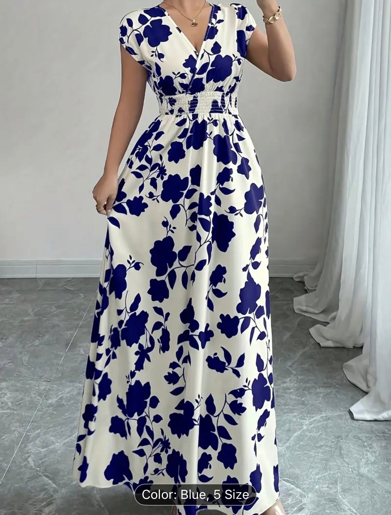 Women’s Elegant Pink Floral V-Neck Maxi Dress