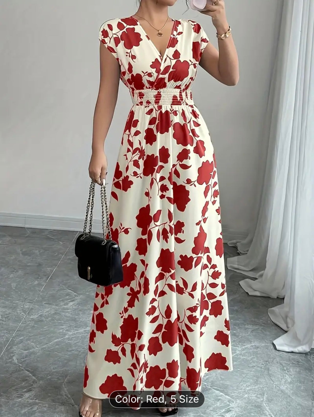 Women’s Elegant Pink Floral V-Neck Maxi Dress