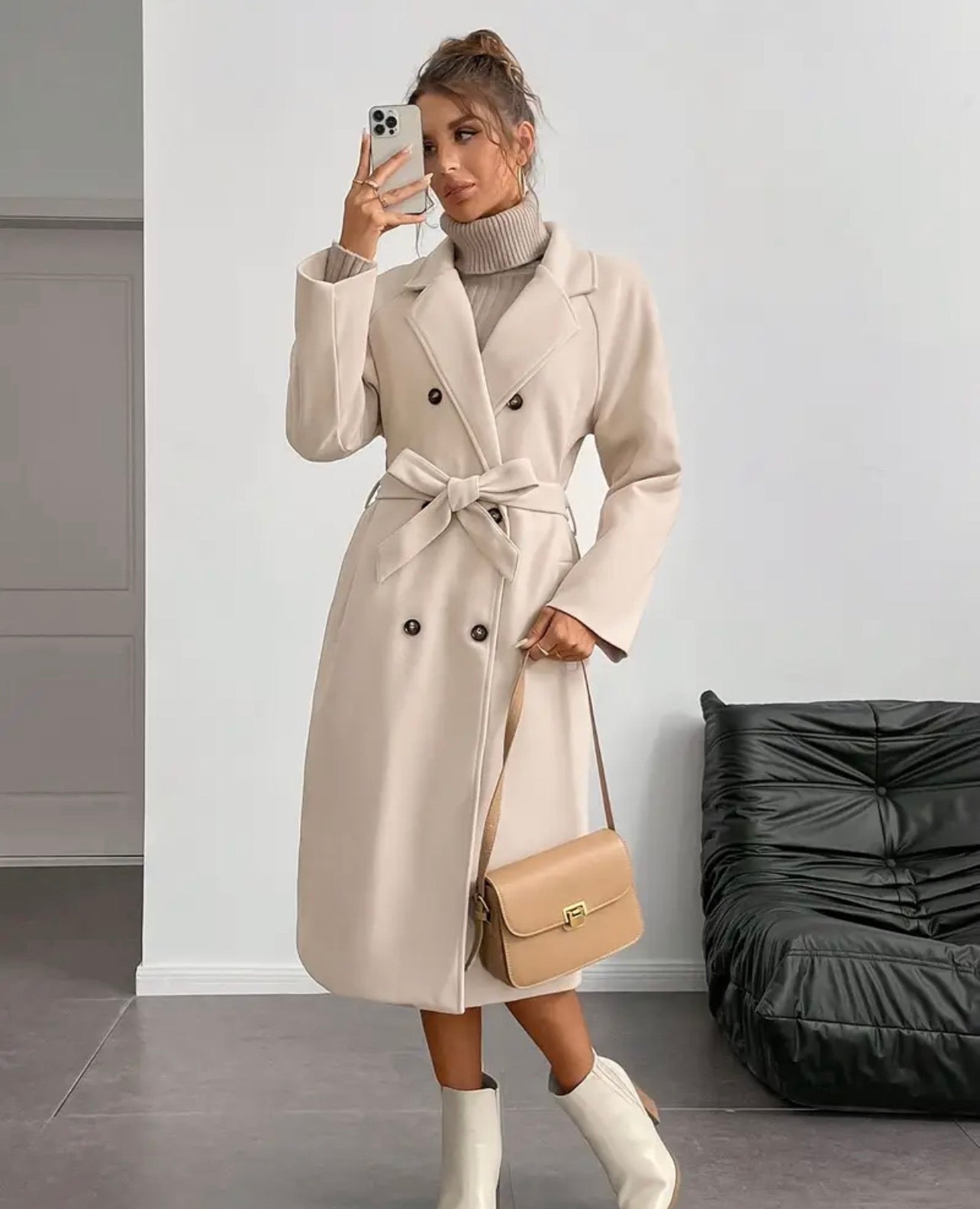 Elegant Long Tweed Coat with Belt & Asymmetrical Hem