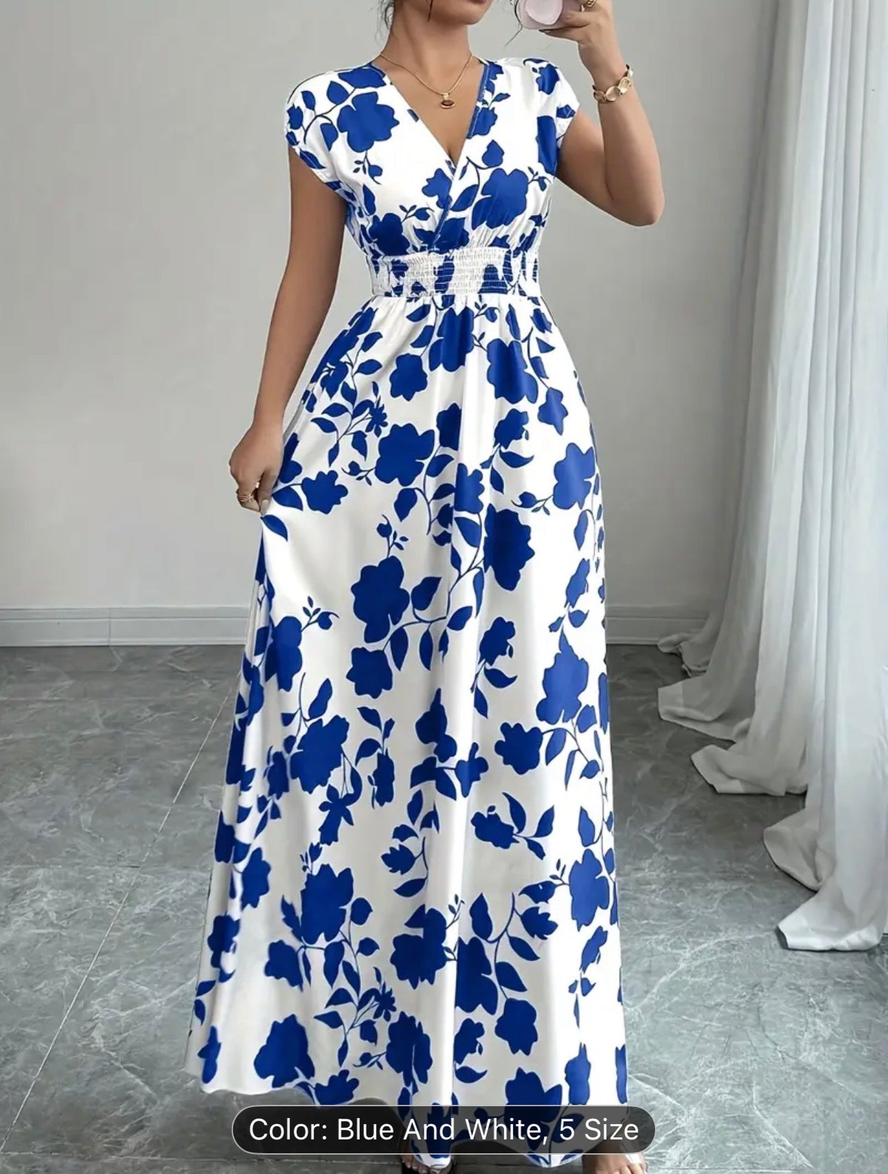 Women’s Elegant Pink Floral V-Neck Maxi Dress