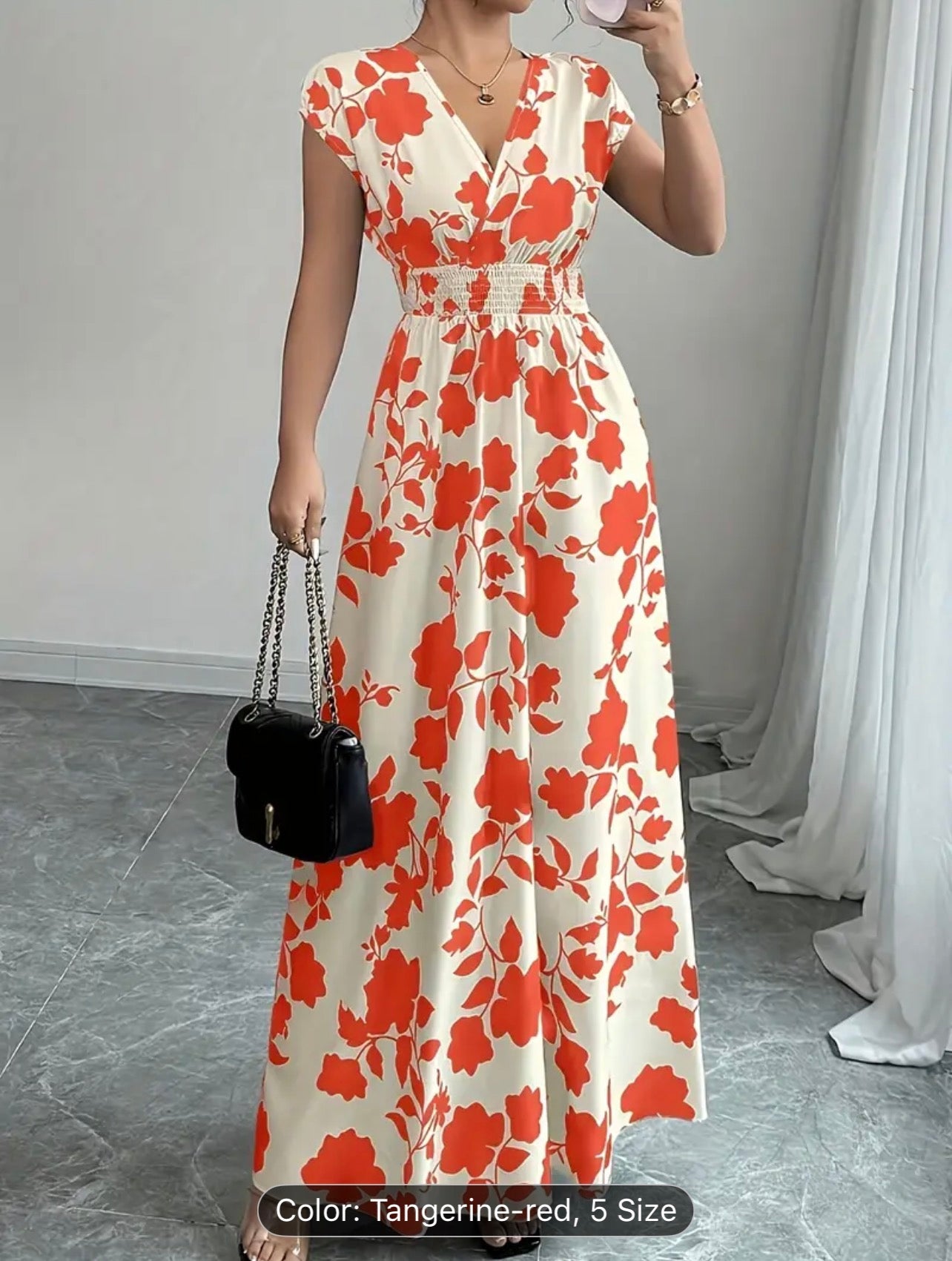 Women’s Elegant Pink Floral V-Neck Maxi Dress