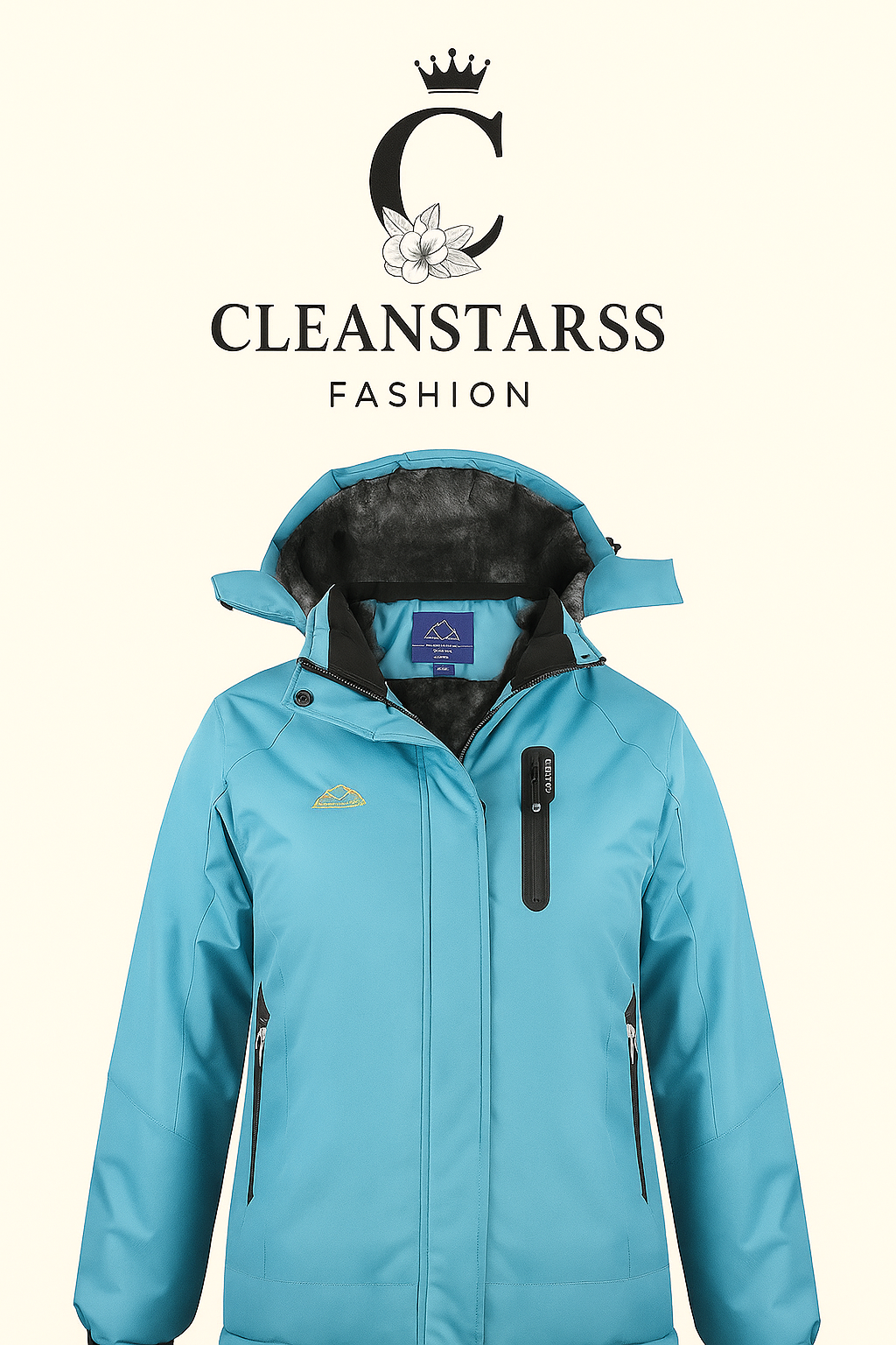 Women's Light Blue Padded Ski Jacket - Detachable Hood & Fleece Lining