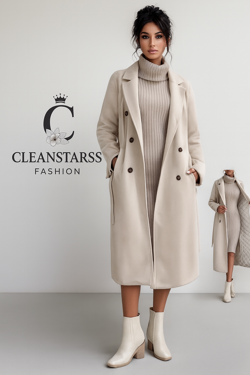 Elegant Long Tweed Coat with Belt & Asymmetrical Hem