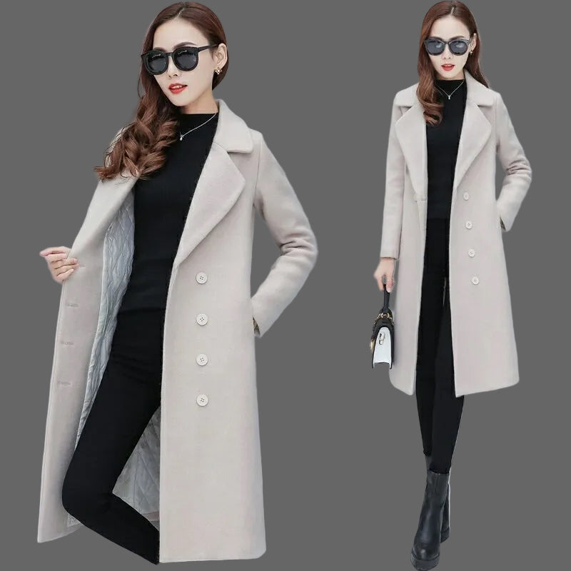 Women's Mid-Length Minimalist Woolen Coat - Long Sleeve