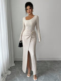 Autumn And Winter Irregular Neckline Solid Color Knitted Texture Long Dress For Women