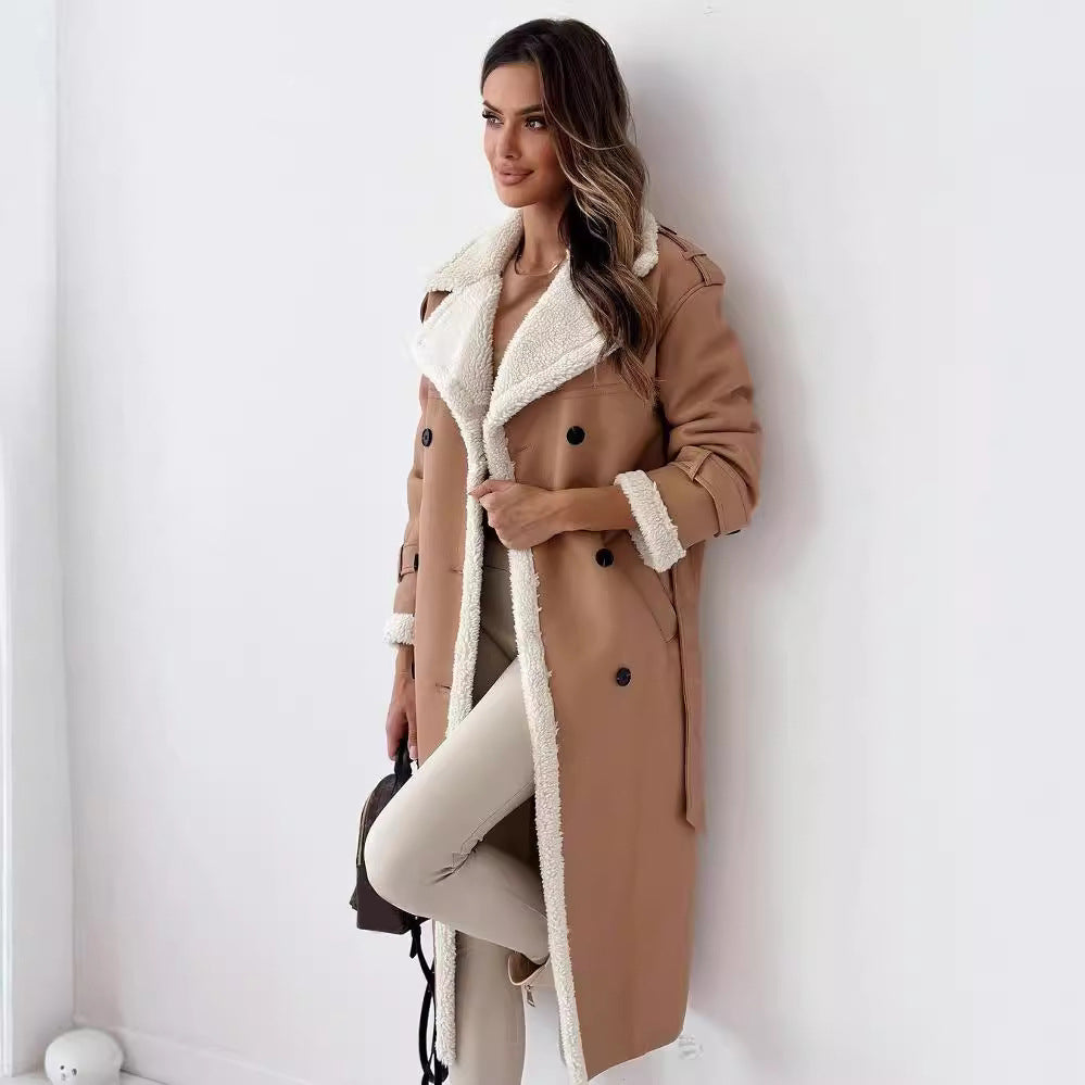 Women’s Winter Belted Double-Breasted Trench Coat – Mid-Length Lapel Windbreaker