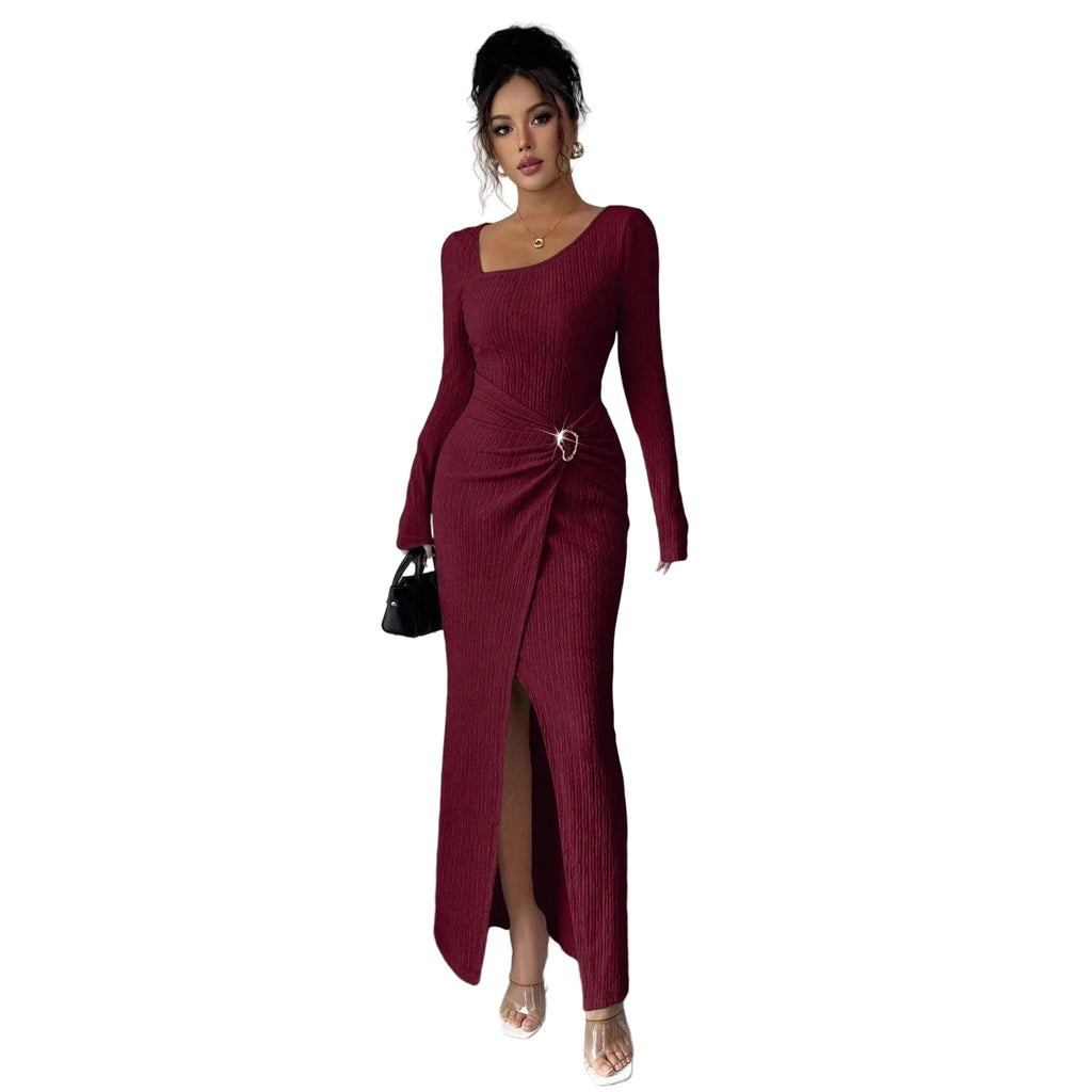 Autumn And Winter Irregular Neckline Solid Color Knitted Texture Long Dress For Women