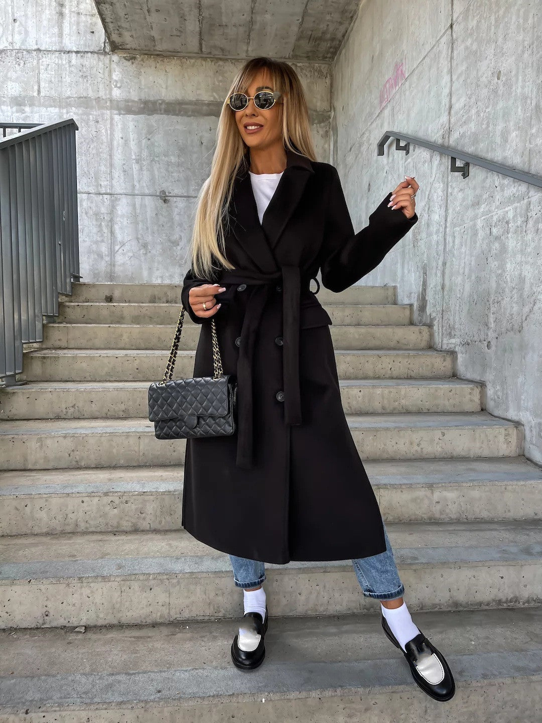 Women's Double-Breasted Belted Winter Coat - Lapel Split Jacket