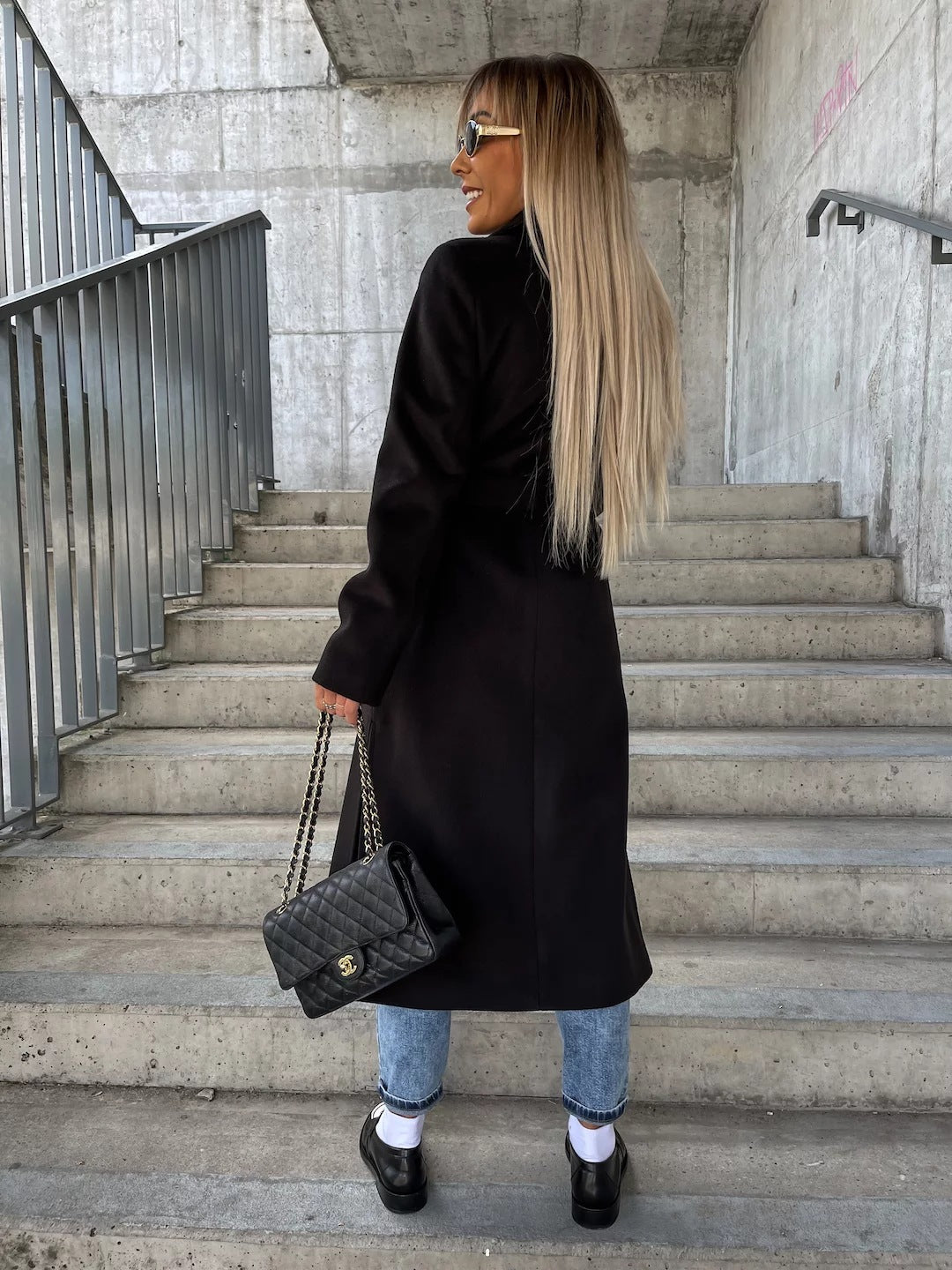 Women's Double-Breasted Belted Winter Coat - Lapel Split Jacket