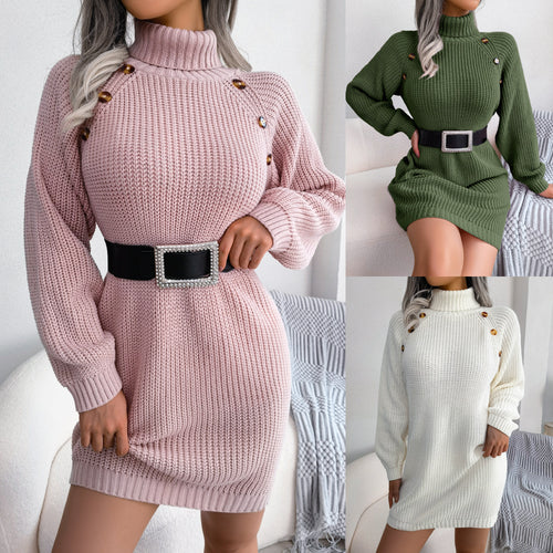 Chic Buttoned Turtleneck Knit Dress – Long Sleeve