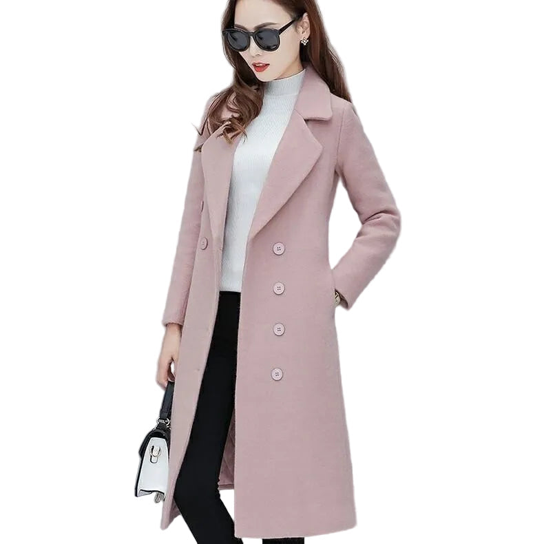 Women's Mid-Length Minimalist Woolen Coat - Long Sleeve
